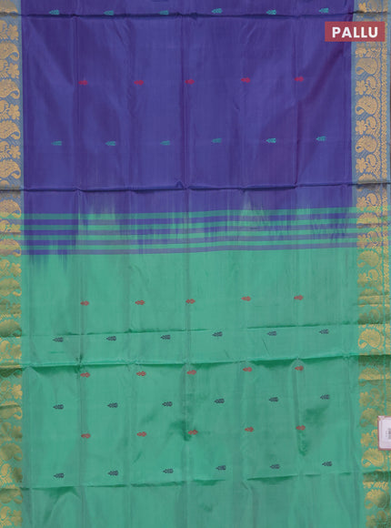 Banana pith saree violet and teal green with thread woven buttas and zari woven border