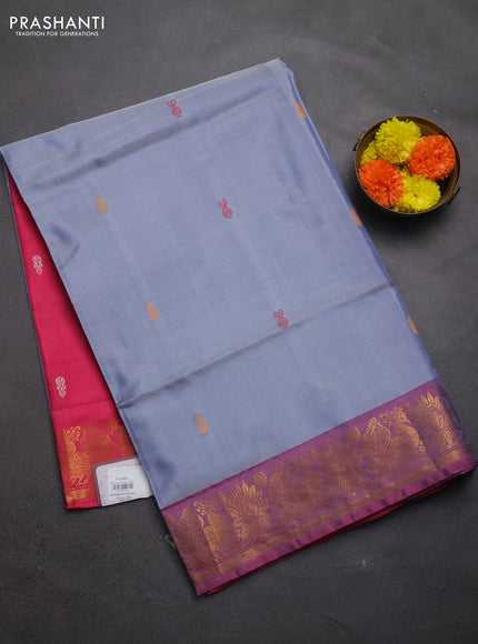 Banana pith saree grey and pink with thread woven buttas and zari woven border