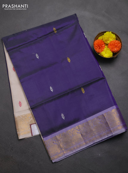 Banana pith saree violet and cream with thread woven buttas and zari woven border