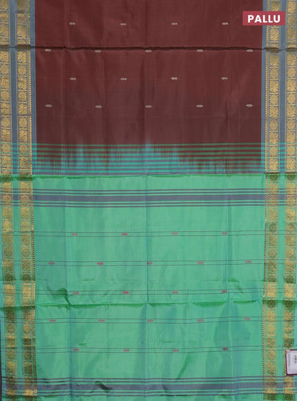 Banana pith saree brown and teal green with thread woven buttas and rettapet zari woven border