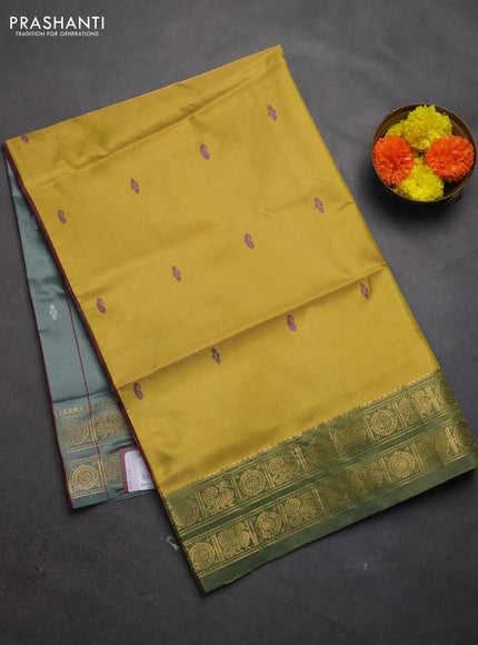 Banana pith saree mustard green and grey with thread woven buttas and rettapet zari woven border