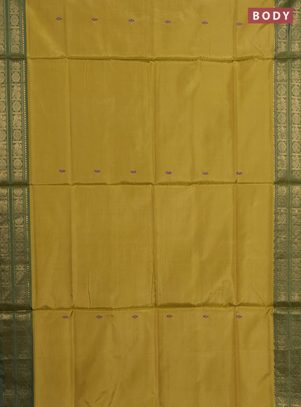 Banana pith saree mustard green and grey with thread woven buttas and rettapet zari woven border