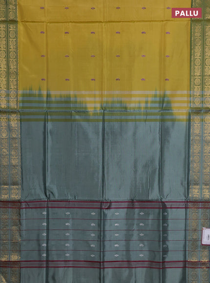 Banana pith saree mustard green and grey with thread woven buttas and rettapet zari woven border