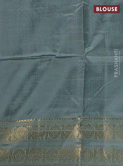 Banana pith saree mustard green and grey with thread woven buttas and rettapet zari woven border