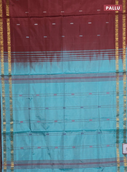 Banana pith saree rustic orange and teal blue with thread woven buttas and rettapet zari woven border