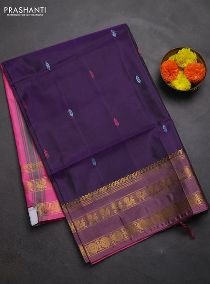 Banana pith saree violet and pink with thread woven buttas and rettapet zari woven border