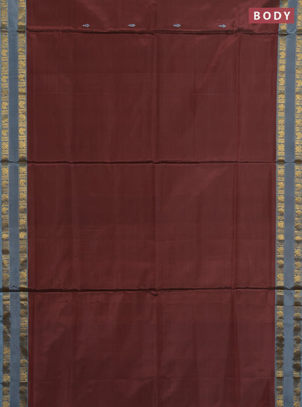 Banana pith saree brown and pastel blue with thread woven buttas and rettapet zari woven border