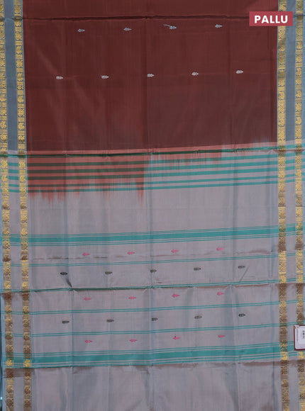 Banana pith saree brown and pastel blue with thread woven buttas and rettapet zari woven border