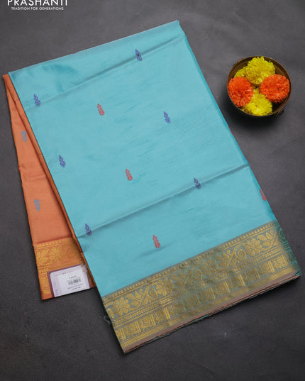 Banana pith saree teal green and rust shade with thread woven buttas and zari woven border