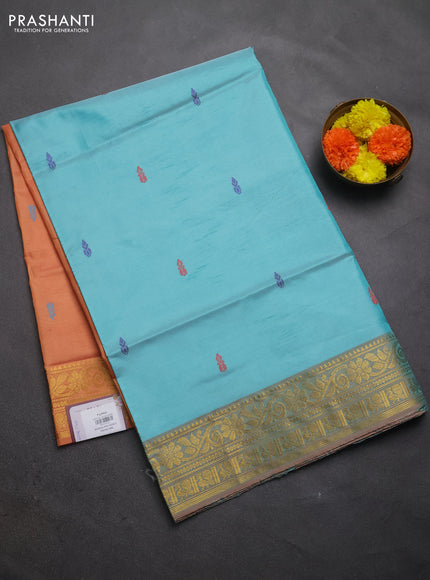 Banana pith saree teal green and rust shade with thread woven buttas and zari woven border