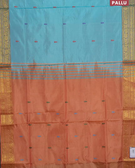 Banana pith saree teal green and rust shade with thread woven buttas and zari woven border