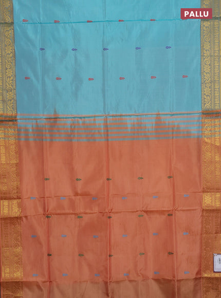 Banana pith saree teal green and rust shade with thread woven buttas and zari woven border