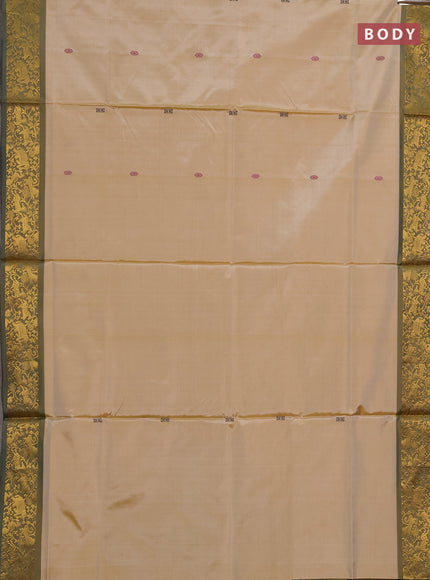 Banana pith saree sandal and olive green with thread woven buttas and zari woven border