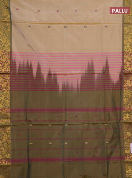 Banana pith saree sandal and olive green with thread woven buttas and zari woven border