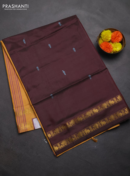 Banana pith saree brown and mustard yellow with thread woven buttas and rettapet zari woven border