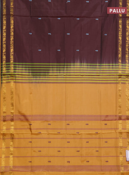 Banana pith saree brown and mustard yellow with thread woven buttas and rettapet zari woven border
