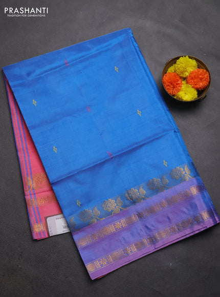 Banana pith saree cs blue and pink with thread woven buttas and rettapet zari woven border