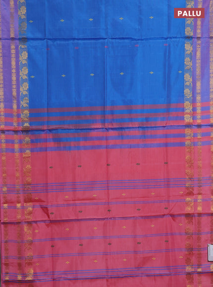 Banana pith saree cs blue and pink with thread woven buttas and rettapet zari woven border