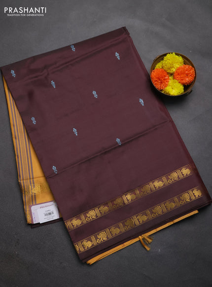 Banana pith saree deep maroon and yellow with thread woven buttas and rettapet zari woven border