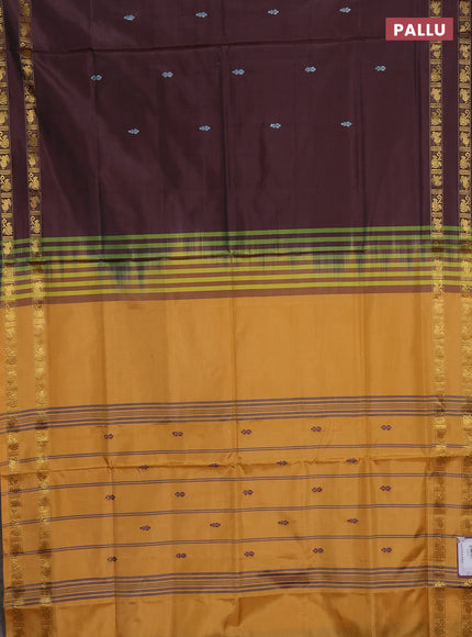 Banana pith saree deep maroon and yellow with thread woven buttas and rettapet zari woven border