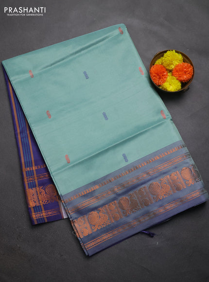 Banana pith saree pastel green and violet with thread woven buttas and long zari woven border