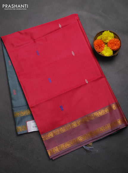 Banana pith saree pink and grey with thread woven buttas and rettapet zari woven border