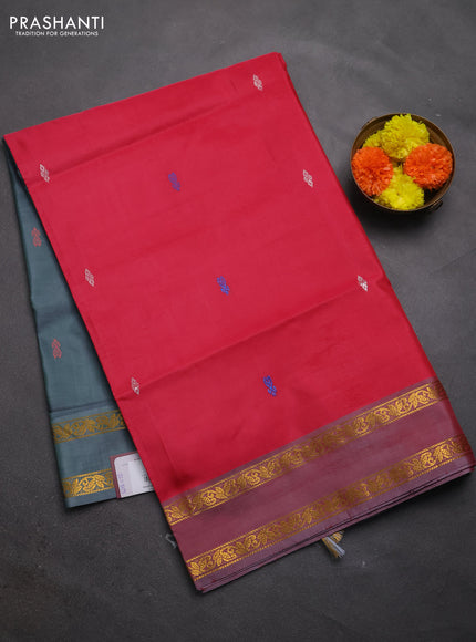 Banana pith saree pink and pastel green with thread woven buttas and rettapet zari woven border