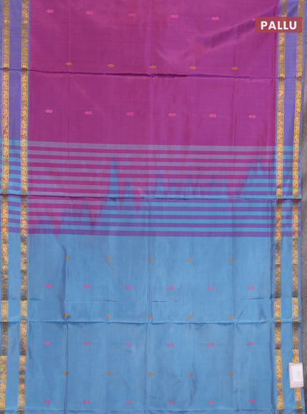 Banana pith saree magenta pink and pastel blue with thread woven buttas and rettapet zari woven border