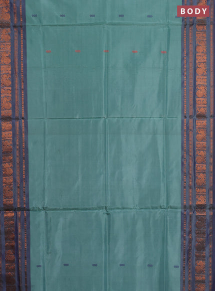 Banana pith saree pastel green and violet with thread woven buttas and long copper zari woven border