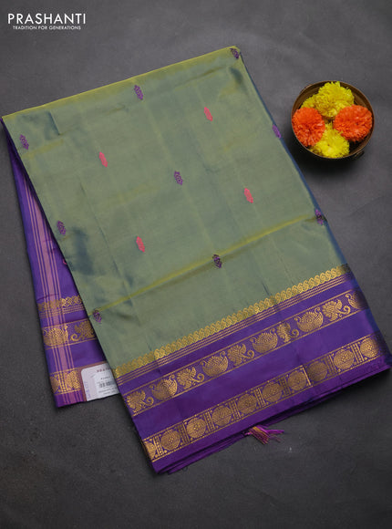 Banana pith saree green and purple with thread woven buttas and rettapet zari woven border