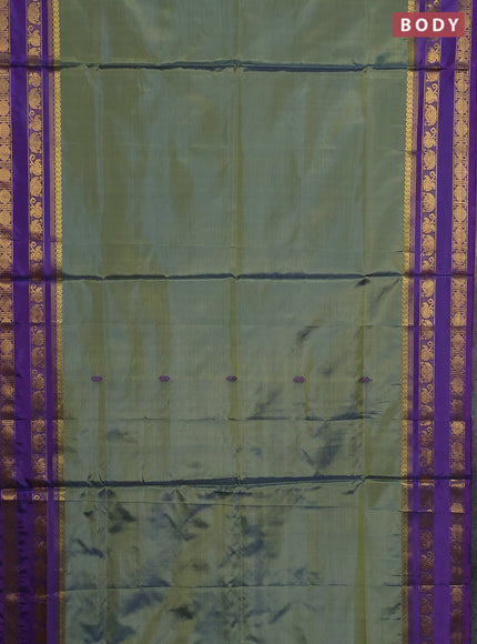 Banana pith saree green and purple with thread woven buttas and rettapet zari woven border