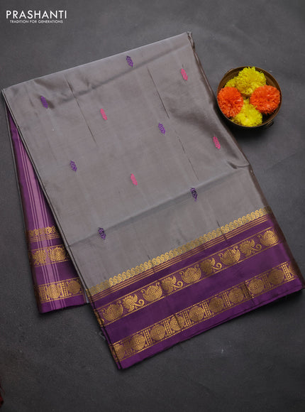 Banana pith saree grey and purple with thread woven buttas and rettapet zari woven border