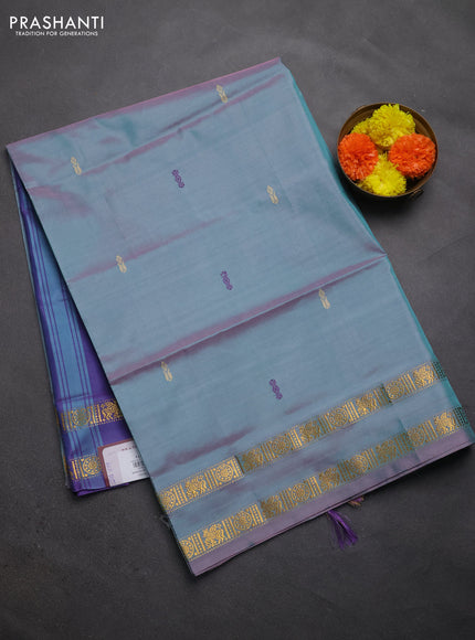 Banana pith saree teal green and violet with thread woven buttas and rettapet zari woven border