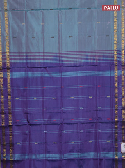 Banana pith saree teal green and violet with thread woven buttas and rettapet zari woven border