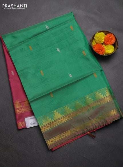 Banana pith saree light green and pink with thread woven buttas and temple design rettapet zari woven border