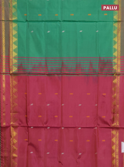 Banana pith saree light green and pink with thread woven buttas and temple design rettapet zari woven border
