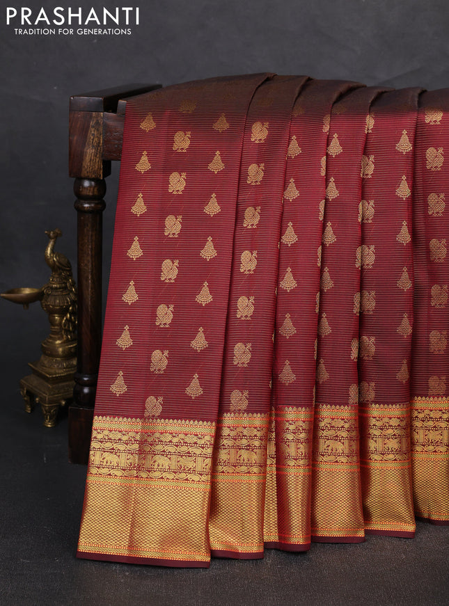 Pure kanchipuram silk saree maroon with allover vairaosi pattern & zari buttas and rich zari woven border