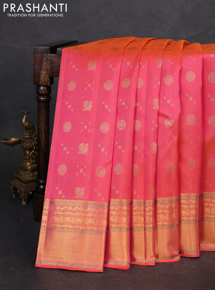 Pure kanchipuram silk saree dual shade of peach pink with allover vairaosi pattern & zari buttas and rich zari woven border