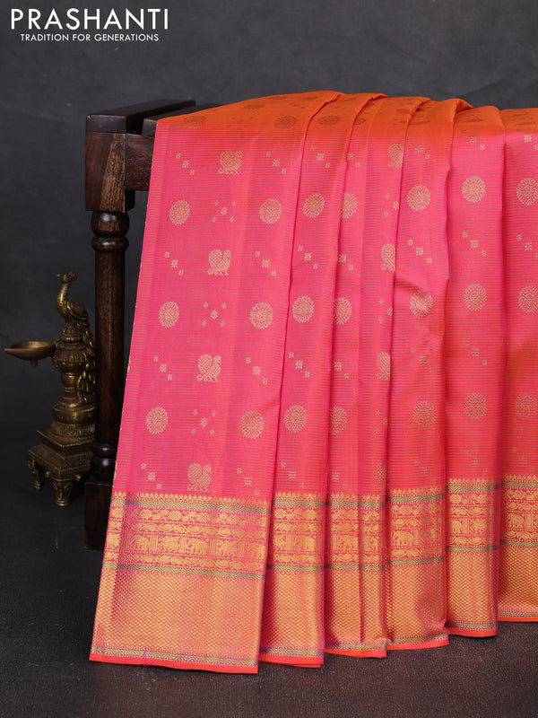 Pure kanchipuram silk saree dual shade of peach pink with allover vairaosi pattern & zari buttas and rich zari woven border