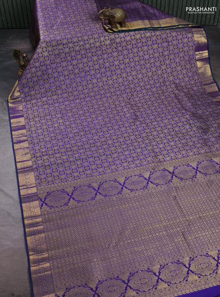 Pure kanchipuram silk saree blue with allover zari checks & buttas and rich zari woven border