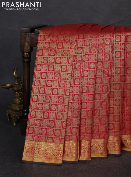 Pure kanchipuram silk saree red with allover zari checks & buttas and rich zari woven border