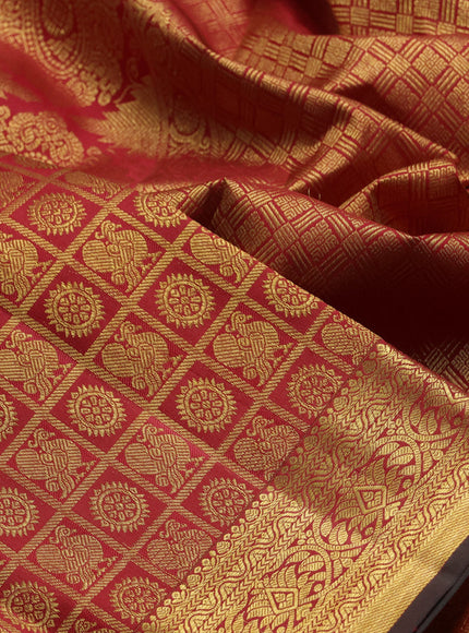 Pure kanchipuram silk saree red with allover zari checks & buttas and rich zari woven border