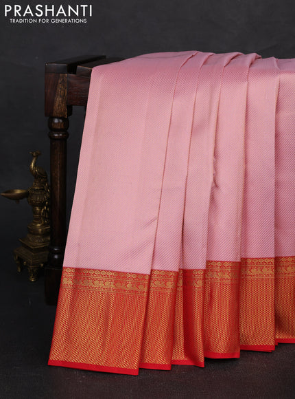 Pure kanchipuram silk saree light pink and red with allover zari woven leheriya weaves and rich zari woven border