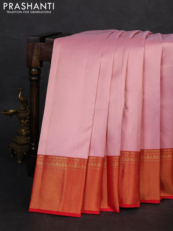Pure kanchipuram silk saree light pink and red with allover zari woven leheriya weaves and rich zari woven border