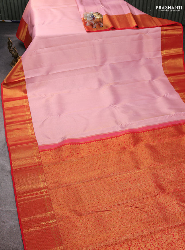 Pure kanchipuram silk saree light pink and red with allover zari woven leheriya weaves and rich zari woven border