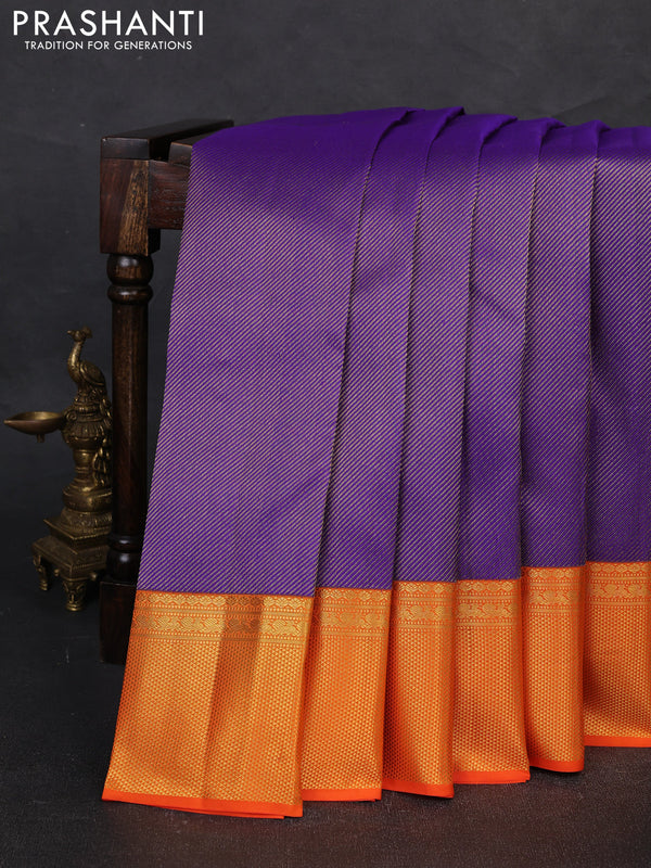 Pure kanchipuram silk saree violet and orange with allover zari woven leheriya weaves and rich zari woven border