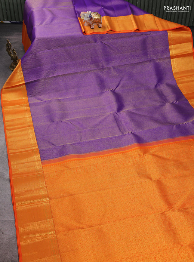 Pure kanchipuram silk saree violet and orange with allover zari woven leheriya weaves and rich zari woven border