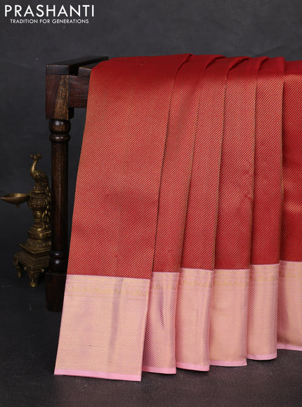 Pure kanchipuram silk saree red and mild peach with allover zari woven leheriya weaves and rich zari woven border