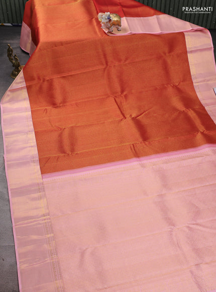 Pure kanchipuram silk saree red and mild peach with allover zari woven leheriya weaves and rich zari woven border