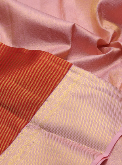 Pure kanchipuram silk saree red and mild peach with allover zari woven leheriya weaves and rich zari woven border